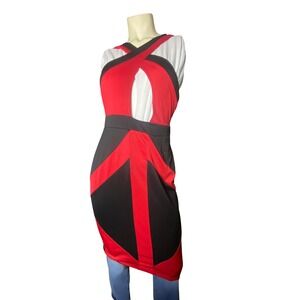 Red and Black Colorblock Cut-Out Criss-Cross Bodycon Party Dress Knee Length